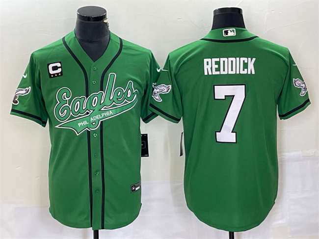 Men's Philadelphia Eagles #7 Haason Reddick Green With C Patch Cool Base Stitched Baseball Jersey